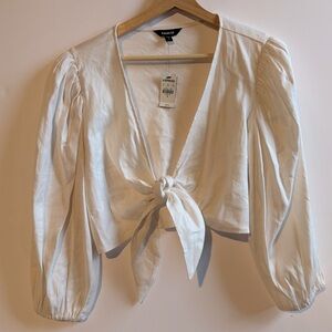 Express Linen-Blend Tie Front Crop Top